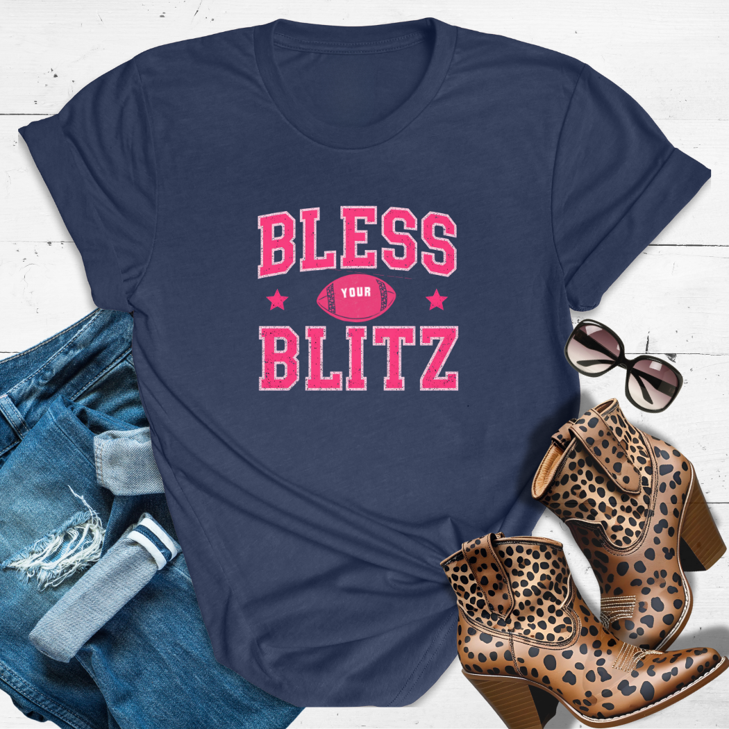 BLESS YOUR BLITZ.™ Tee — Faith, flair, and a first down