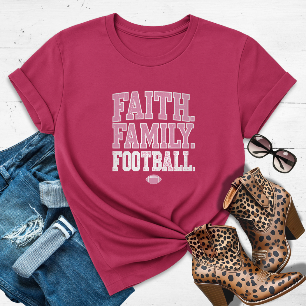 FAITH. FAMILY. FOOTBALL.™  Tee — Friday lights, Sunday faith, everyday fierce.