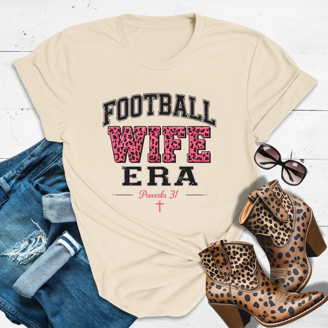 FOOTBALL WIFE ERA.™ Tee — Sundays = stadiums + scripture.