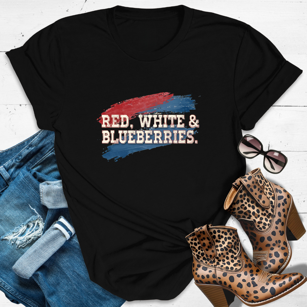 "Red White & Blueberries Charlie and Erika Kirk blueberry budget tribute tee in black flatlay with denim shorts – Christian women’s shirt"