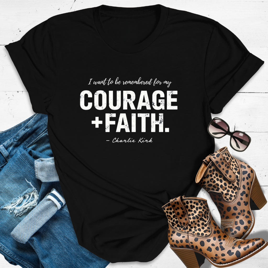 Courage and Faith Charlie Kirk tribute tee in black flatlay with denim shorts – Christian women’s shir