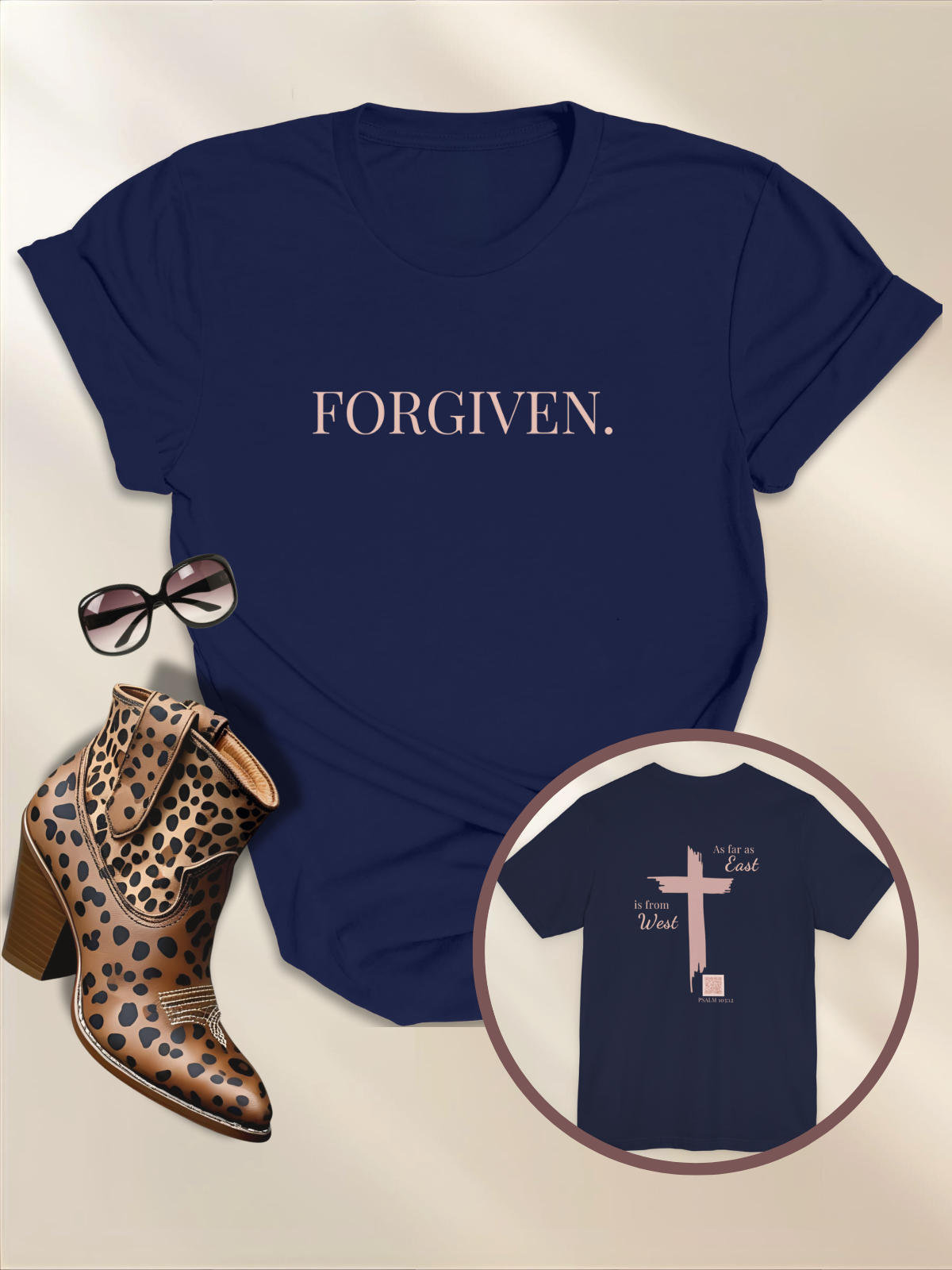Forgiven Cross Tee — 'As Far as East to West' Christian T-Shirt