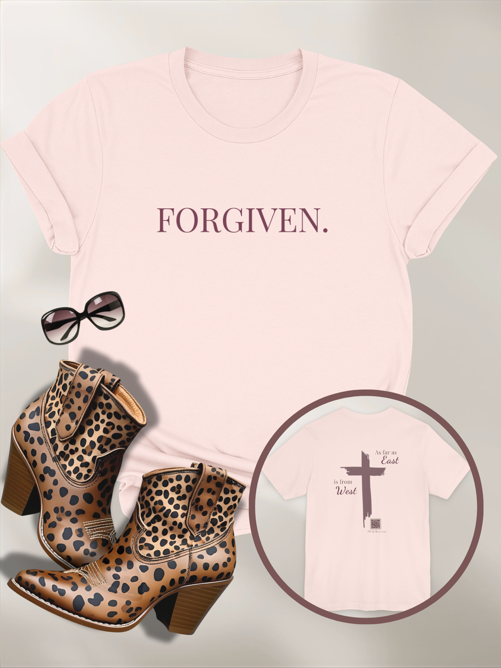 Forgiven Cross Tee — 'As Far as East to West' Christian T-Shirt