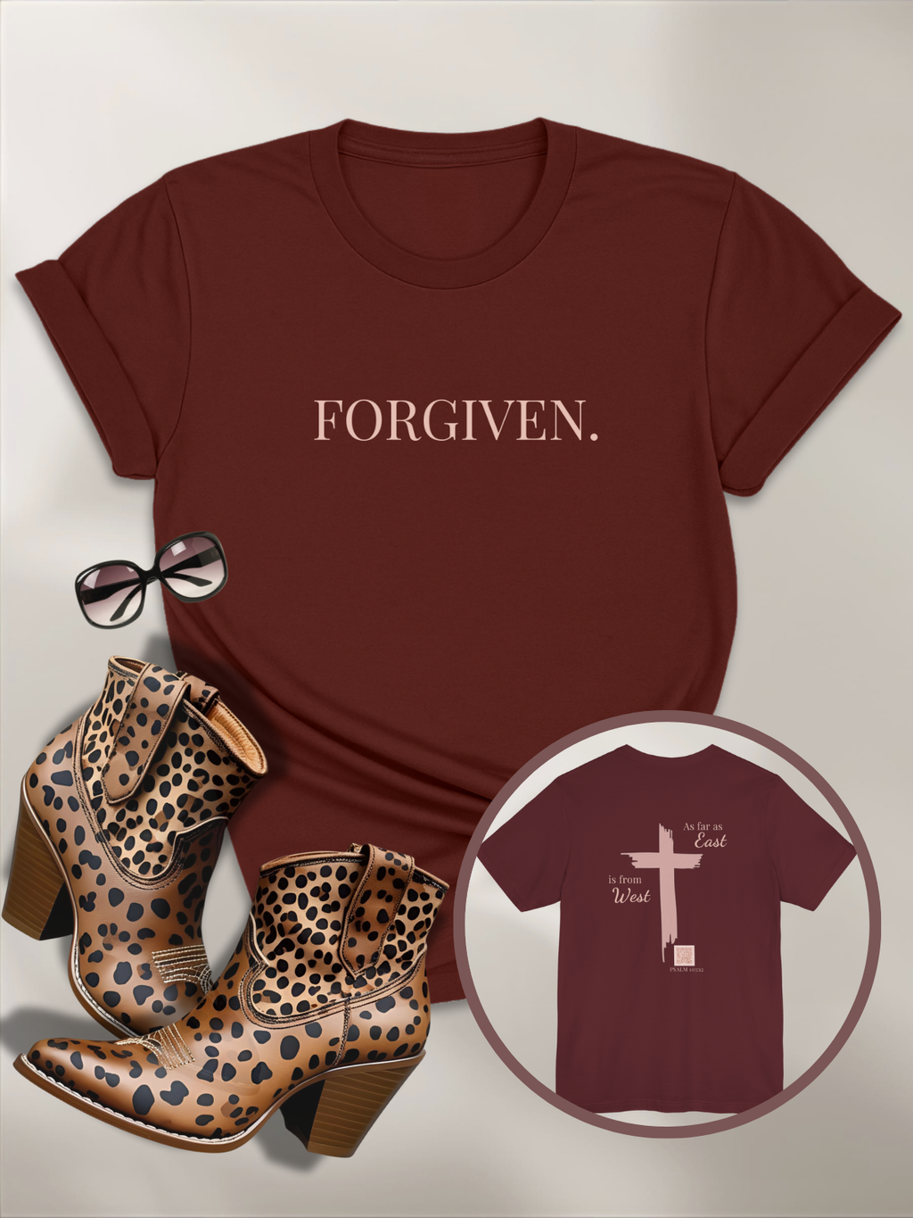 Forgiven Cross Tee — 'As Far as East to West' Christian T-Shirt