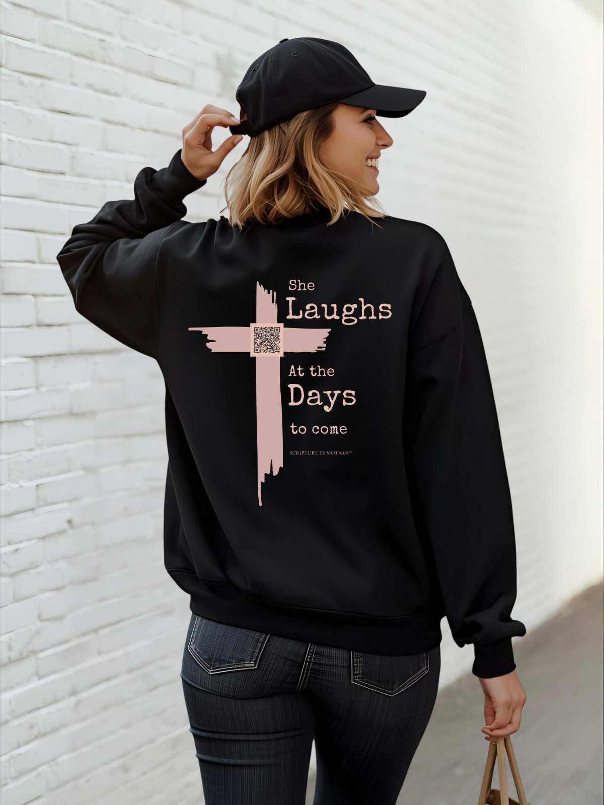 SHE LAUGHS.™  —Scripture-In-Motion QR™ Sweatshirt