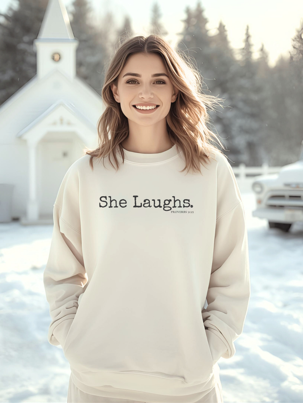 SHE LAUGHS.™  —Scripture-In-Motion QR™ Sweatshirt